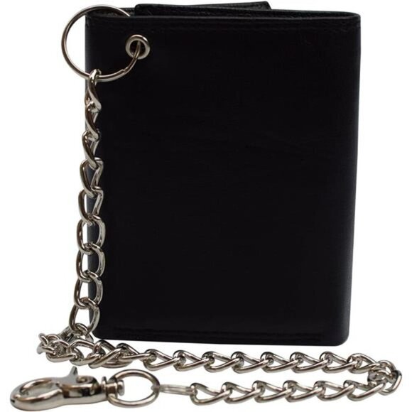 Men's RFID Blocking Premium Leather Chain Trifold Wallet (Black with Chain) - Picture 1 of 7